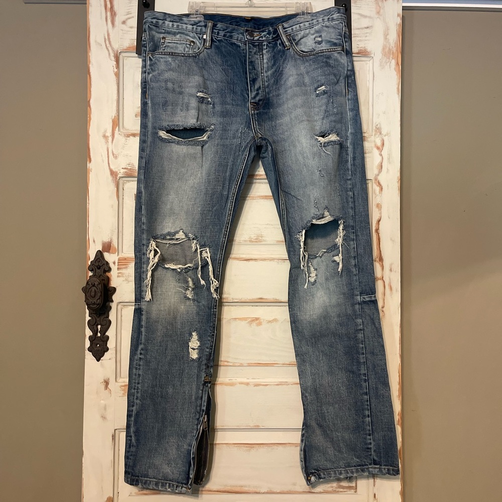 MNMI 38 Mens Blue Medium Wash Ankle Zip Distressed Denim Skinny Jeans